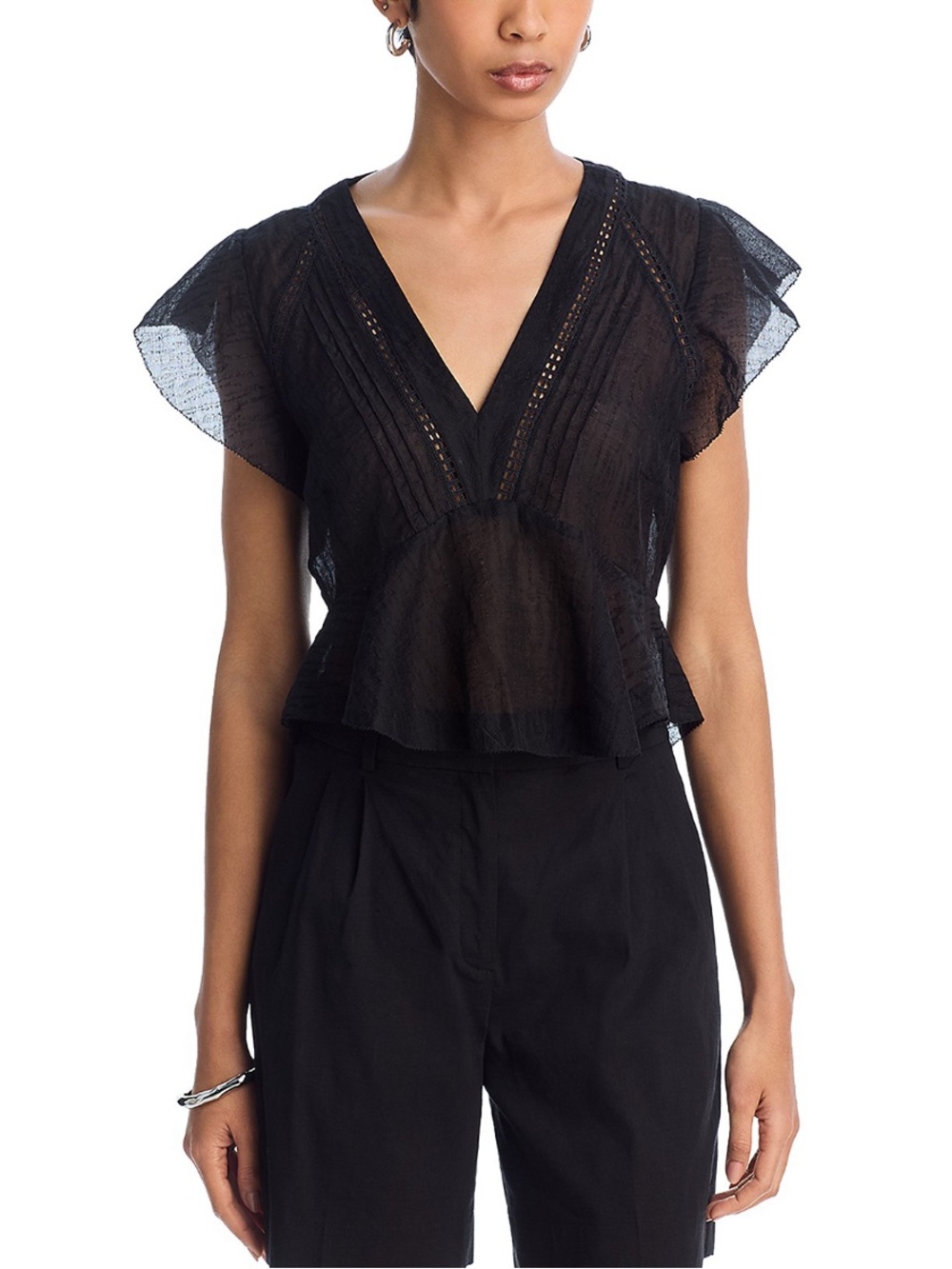 Steve Madden Leyla  Black V-Neck Lace Flutter Sleeve Peplum Blouse size S - Picture 4 of 12